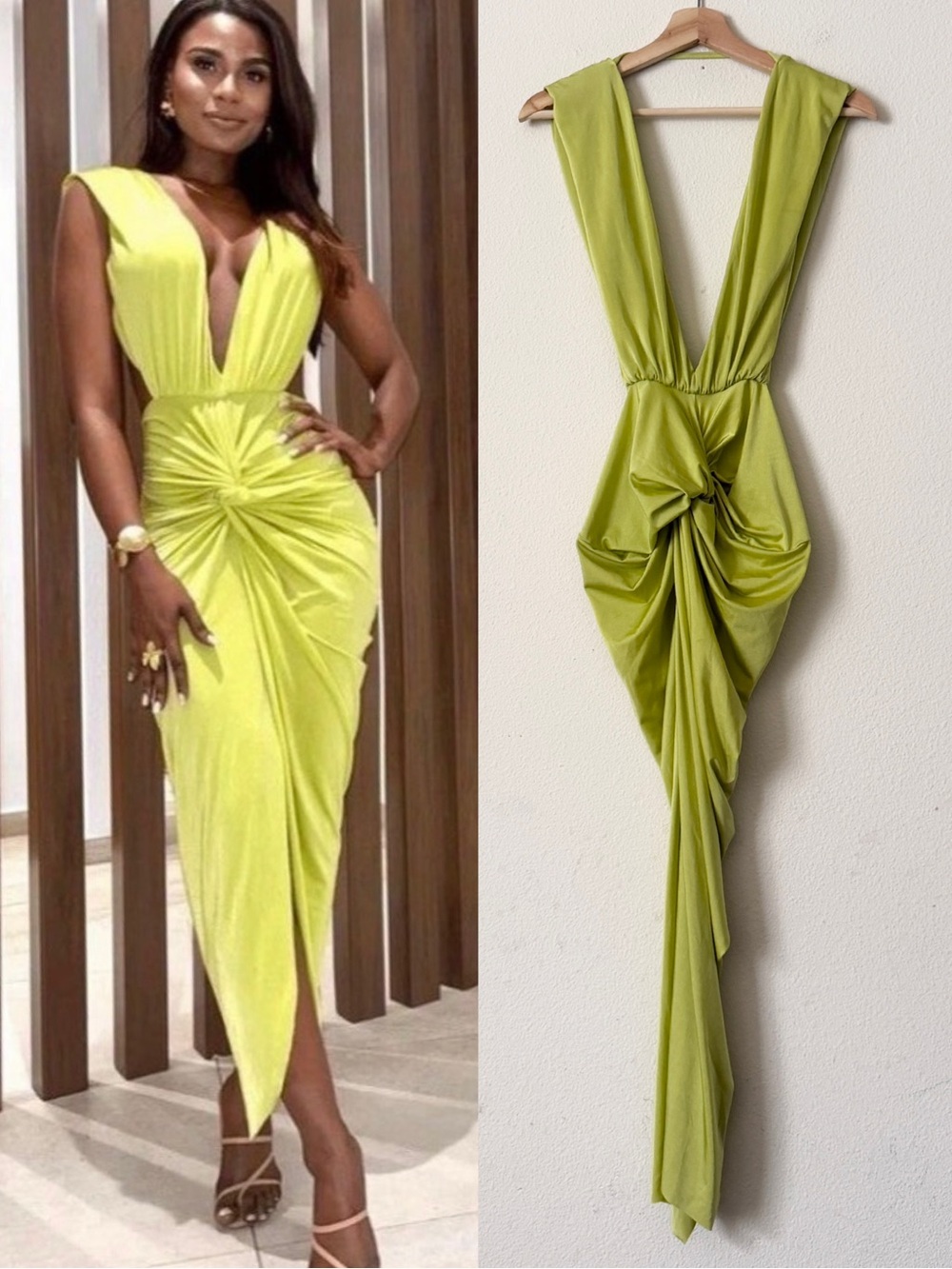 Baobab XS Mia twist front plunge neck midi dress in Pistachio green